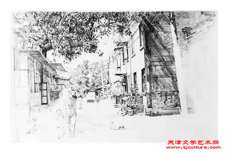 于月辰铅笔画《同义庄大街》