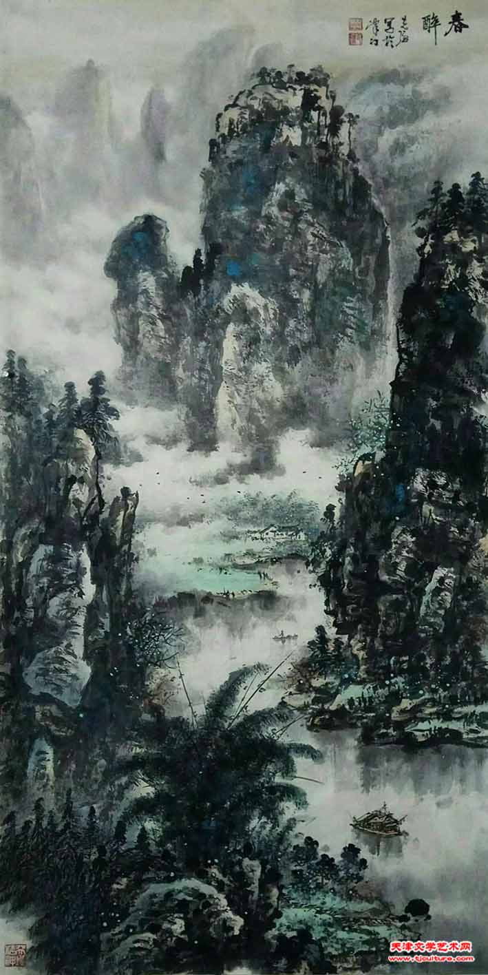 秦克强国画《春醉》