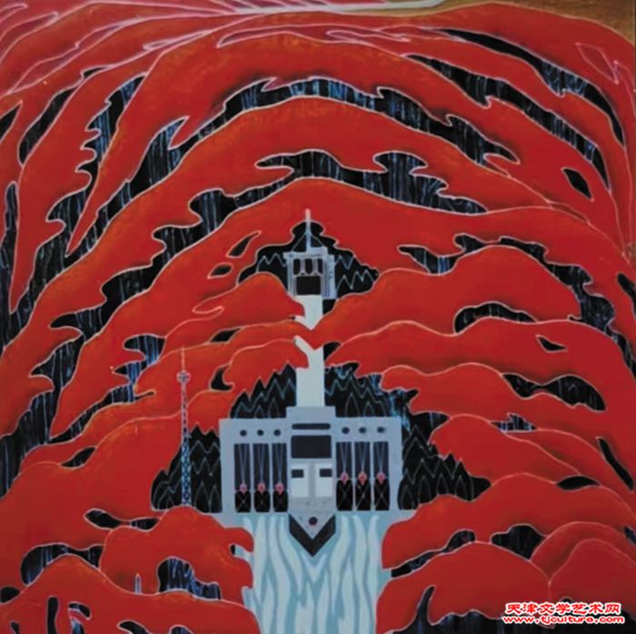《水穿千山》（漆画。1984年入选第六届全国美展，由天津美术家协会收藏）