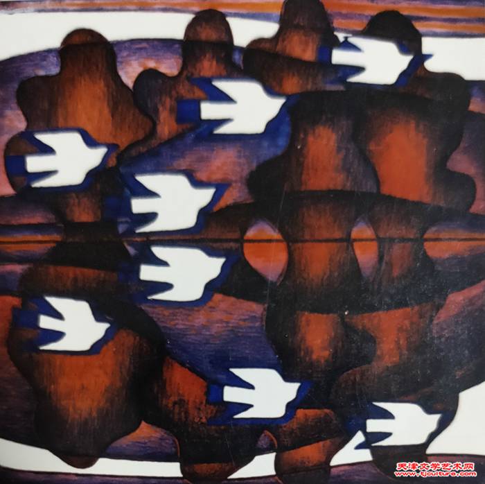028漆画  《夕阳秋水》    1989年